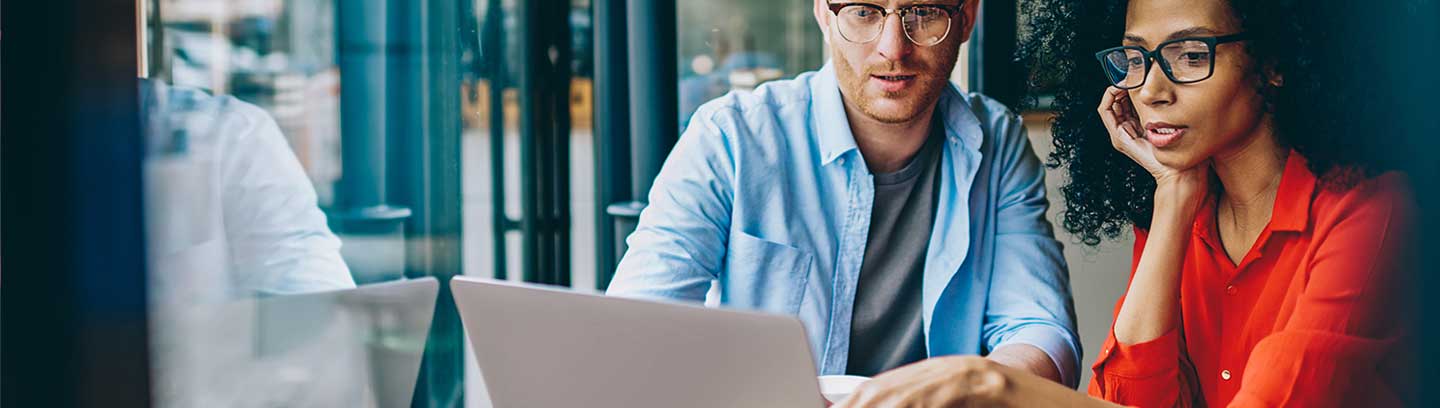 image depicting two colleagues reading on laptop